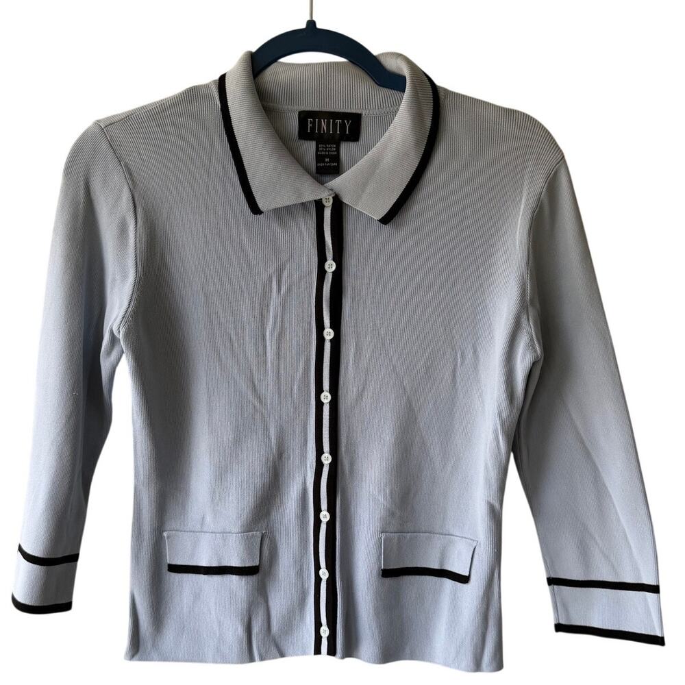 Finity Blue Black Trim Collared Button Front Cardigan Sweater Medium